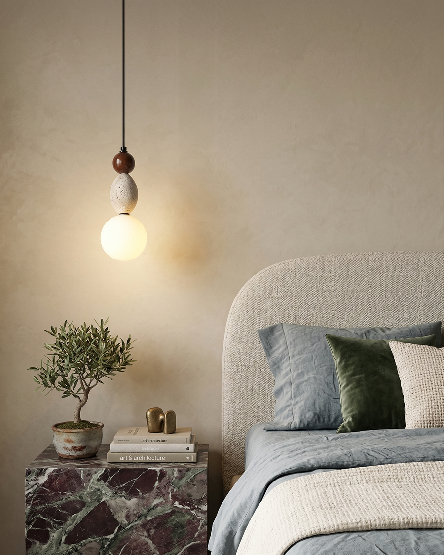 Suspension Tibis – bois, travertin et verre – Lumsky