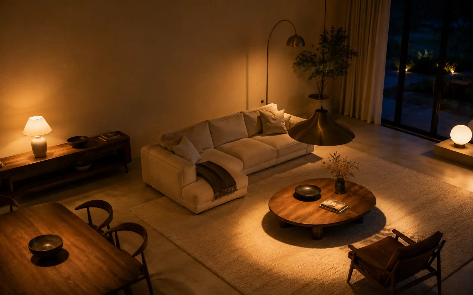 Séjour contemporain éclairé par trois sources de lumière chaude