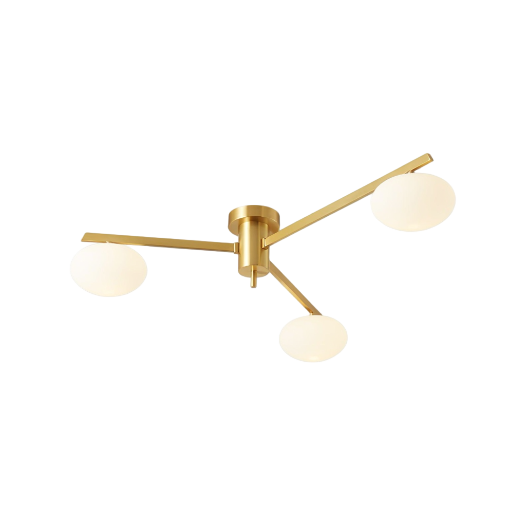 Lustre Marna – trois bras laiton, globes opalins – Lumsky