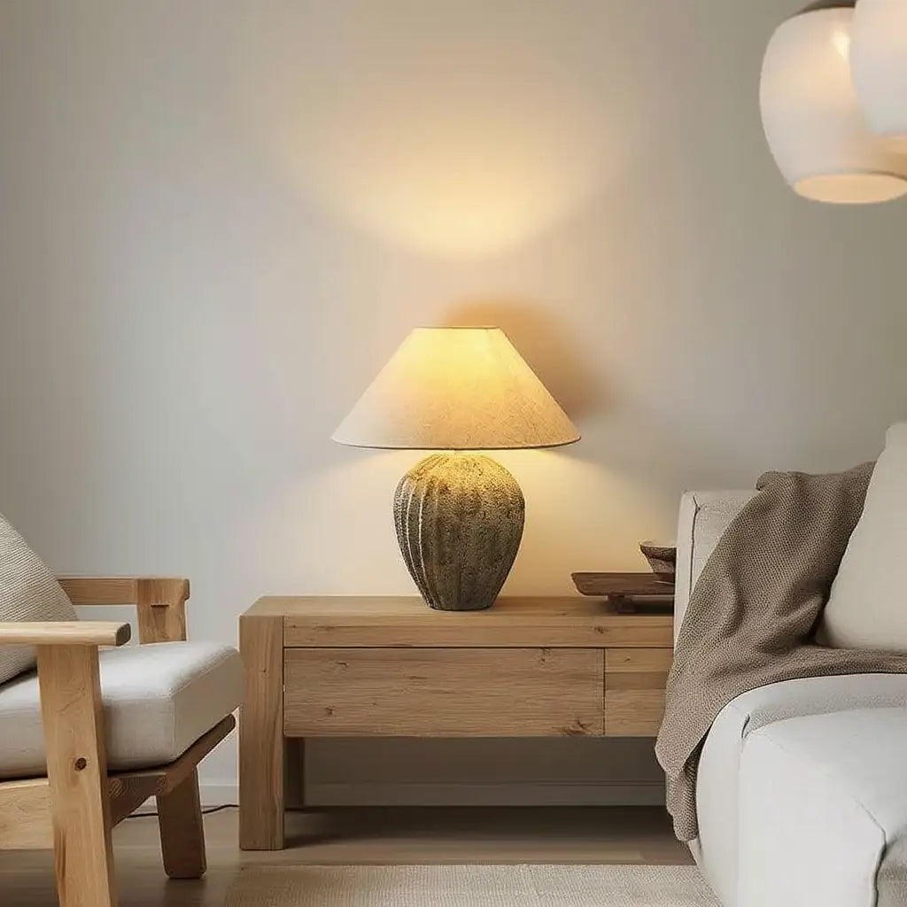 CéramiLight | Élégante Rétro Lampe de Table en Céramique et Lin Lumsky