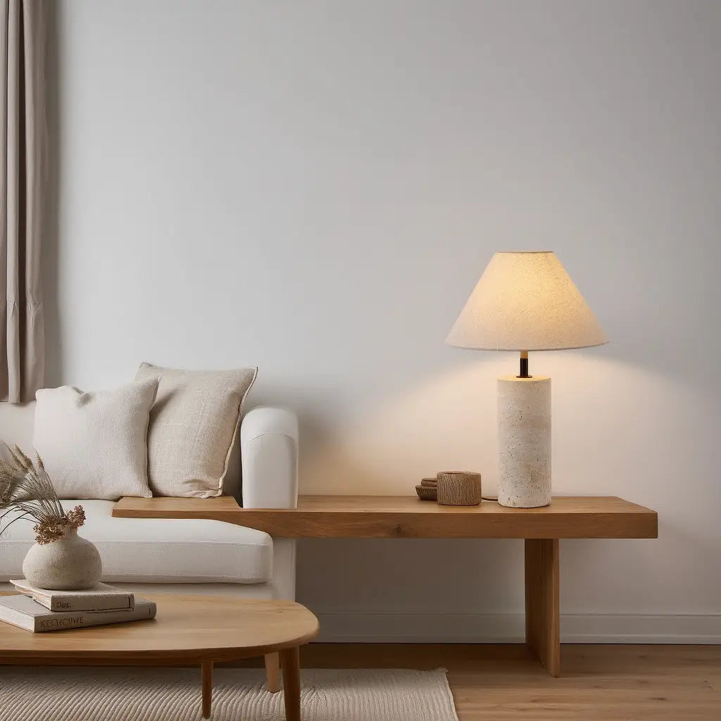 MarbleGlow | Élégante Lampe de Table en Travertin et Lin Lumsky