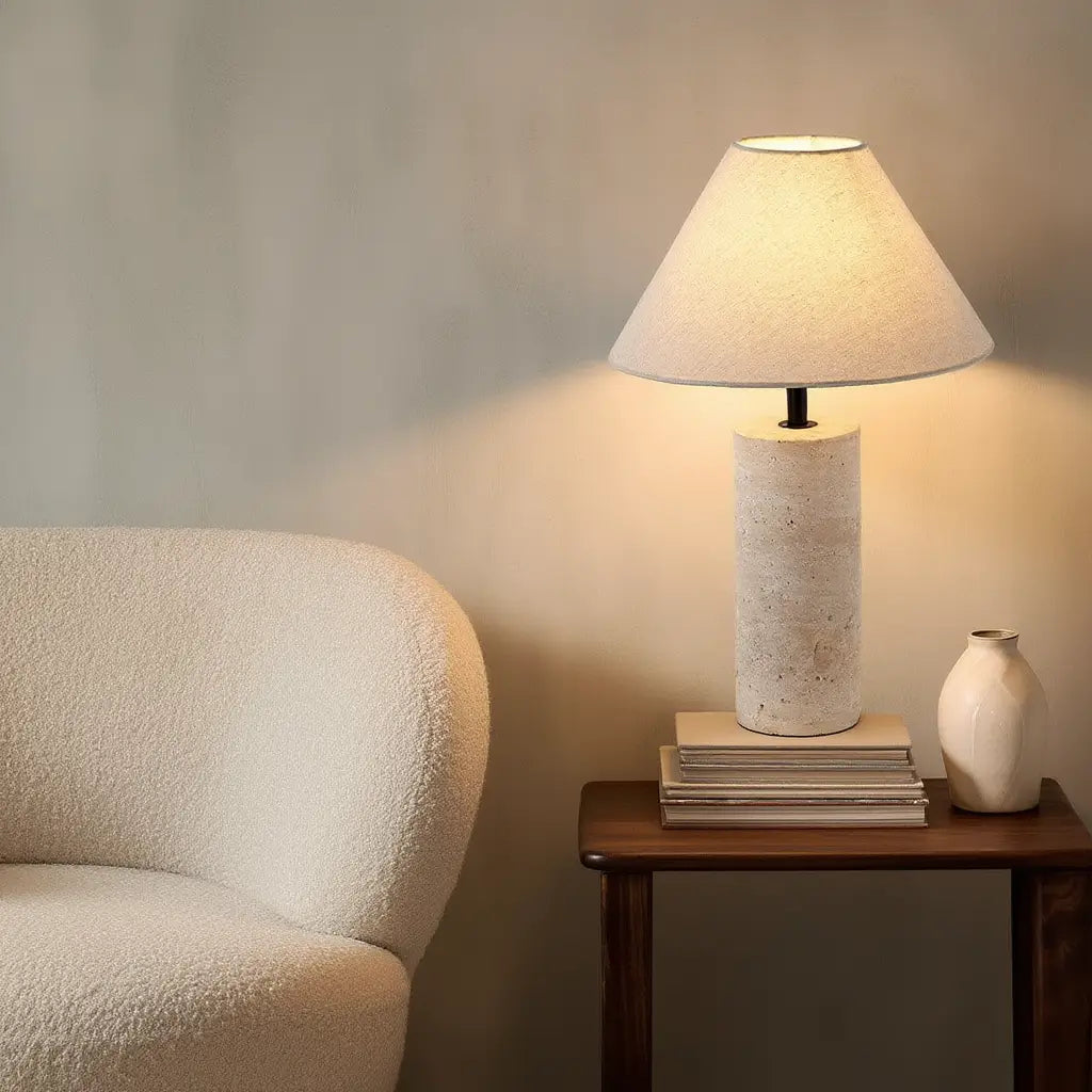 MarbleGlow | Élégante Lampe de Table en Travertin et Lin Lumsky